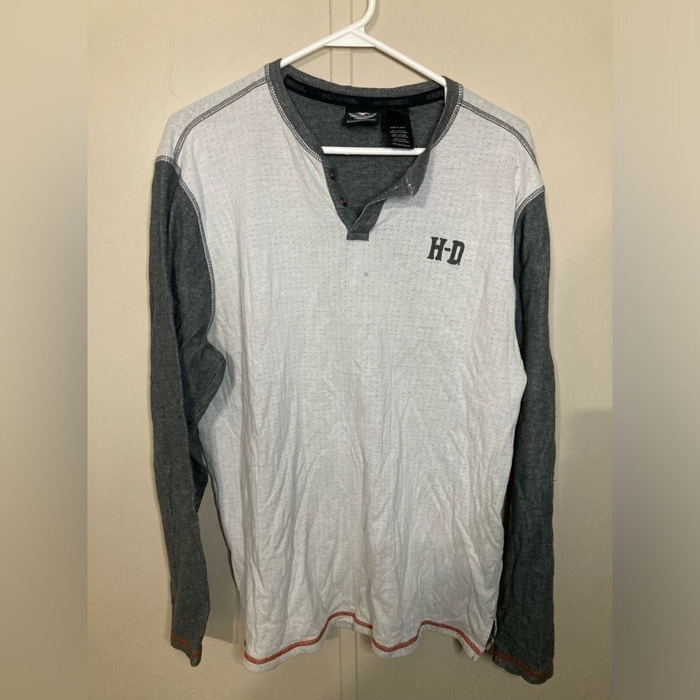 Harley Davidson Henley Men's L Grey And White Long Sleeve Shirt